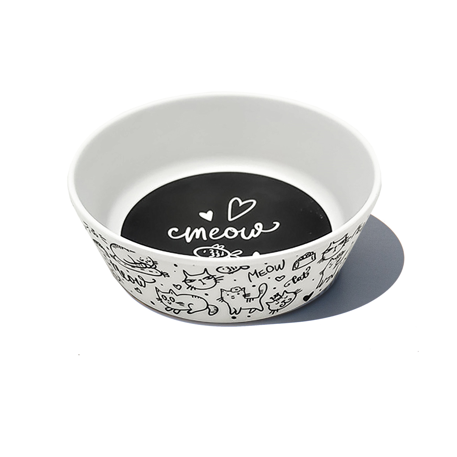 Small black and white pet food bowl